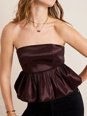 Francesca's Collections Strapless Peplum Camisole in Dark Brown Satin